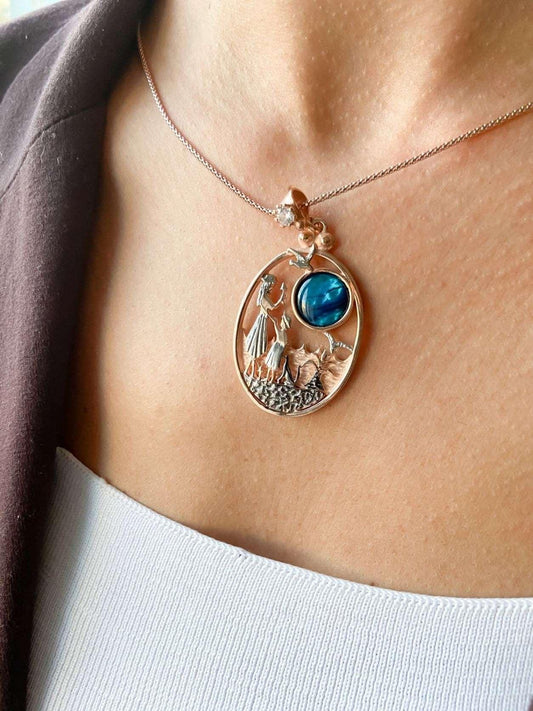Mother Leading The Way Necklace Blue Abalone gemstone 925 Sterling Sil925 sterling sterling silver and complety Handmade, decorated with abalone shell stone and produced by our masters. Inspired by Mom and Son theme, we combine it withMother Leading The Way Necklace