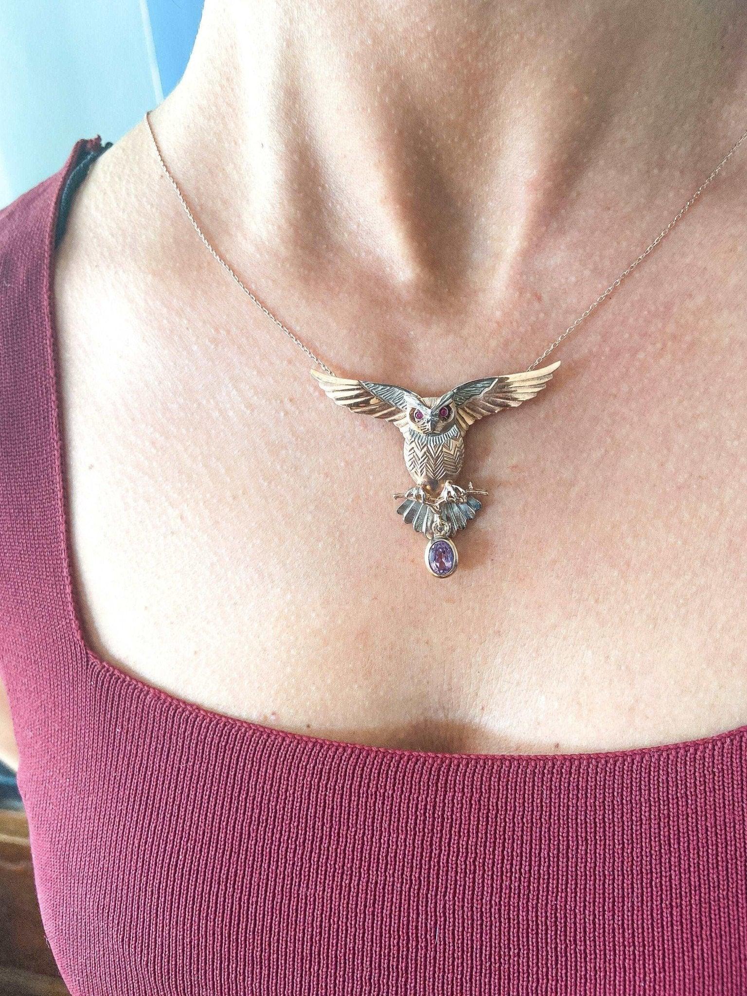 Owl Amethyst and Root Ruby Stone Pendant, Root Ruby Eye Handmade Owl 9Our Owl is ​​925 sterling silver and it is completely handcrafted. The eyes you see on it are decorated with root ruby.the bottom stone is the Amethyst Gemstone.It iOwl Amethyst and Root Ruby Stone Pendant