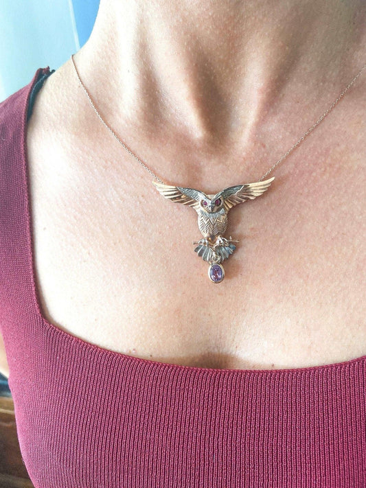 Owl Amethyst and Root Ruby Stone Pendant, Root Ruby Eye Handmade Owl 9Our Owl is ​​925 sterling silver and it is completely handcrafted. The eyes you see on it are decorated with root ruby.the bottom stone is the Amethyst Gemstone.It iOwl Amethyst and Root Ruby Stone Pendant