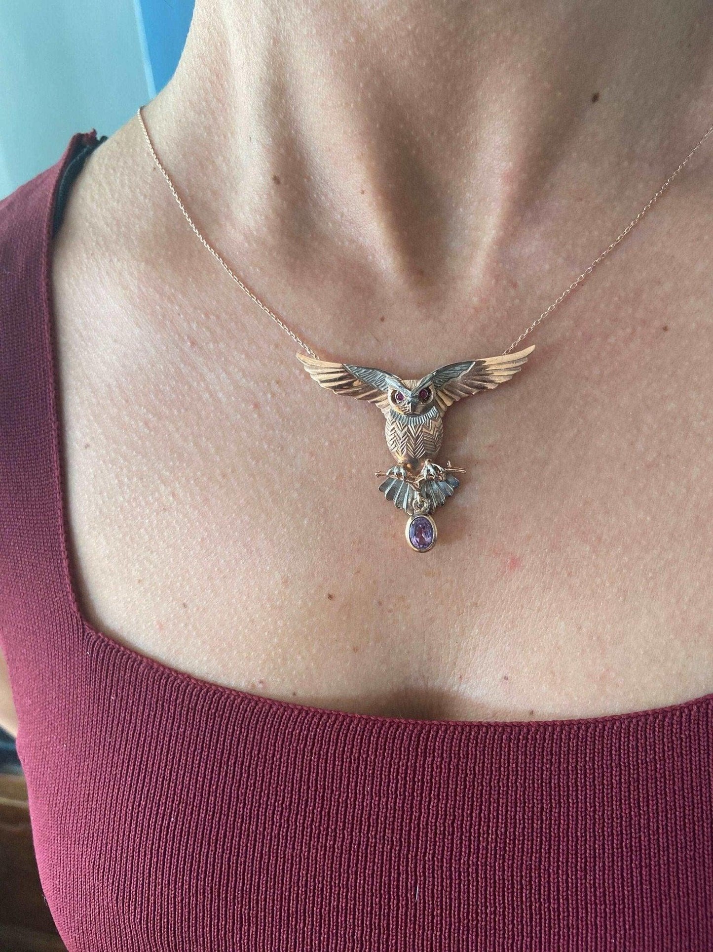 Owl Amethyst and Root Ruby Stone Pendant, Root Ruby Eye Handmade Owl 9Our Owl is ​​925 sterling silver and it is completely handcrafted. The eyes you see on it are decorated with root ruby.the bottom stone is the Amethyst Gemstone.It iOwl Amethyst and Root Ruby Stone Pendant