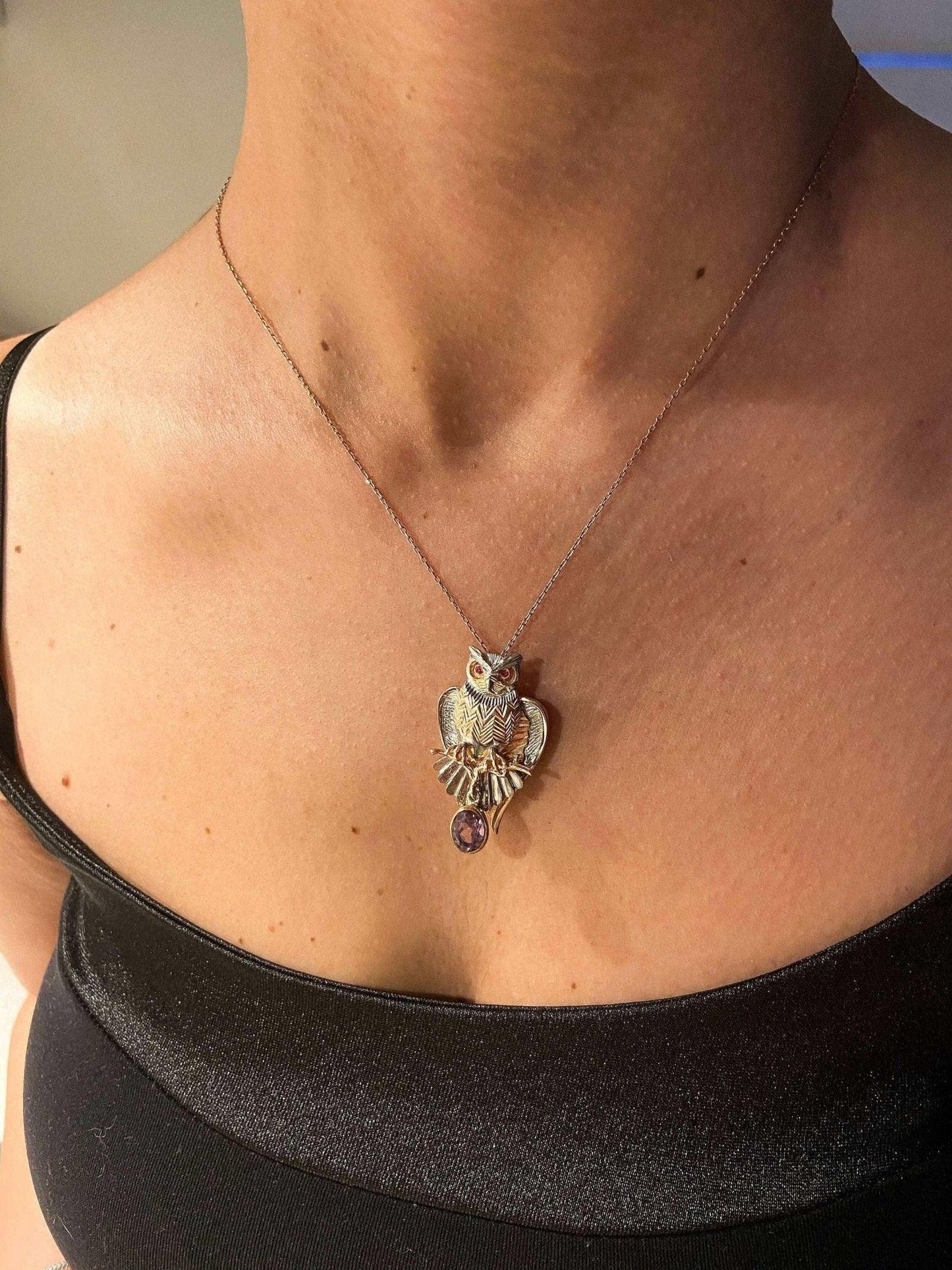 Owl Amethyst and Root Ruby Stone Pendant, Root Ruby Eye Handmade Owl 9Our Owl is ​​925 sterling silver and it is completely handcrafted. The eyes you see on it are decorated with root ruby.the bottom stone is the Amethyst Gemstone.It iOwl Amethyst and Root Ruby Stone Pendant