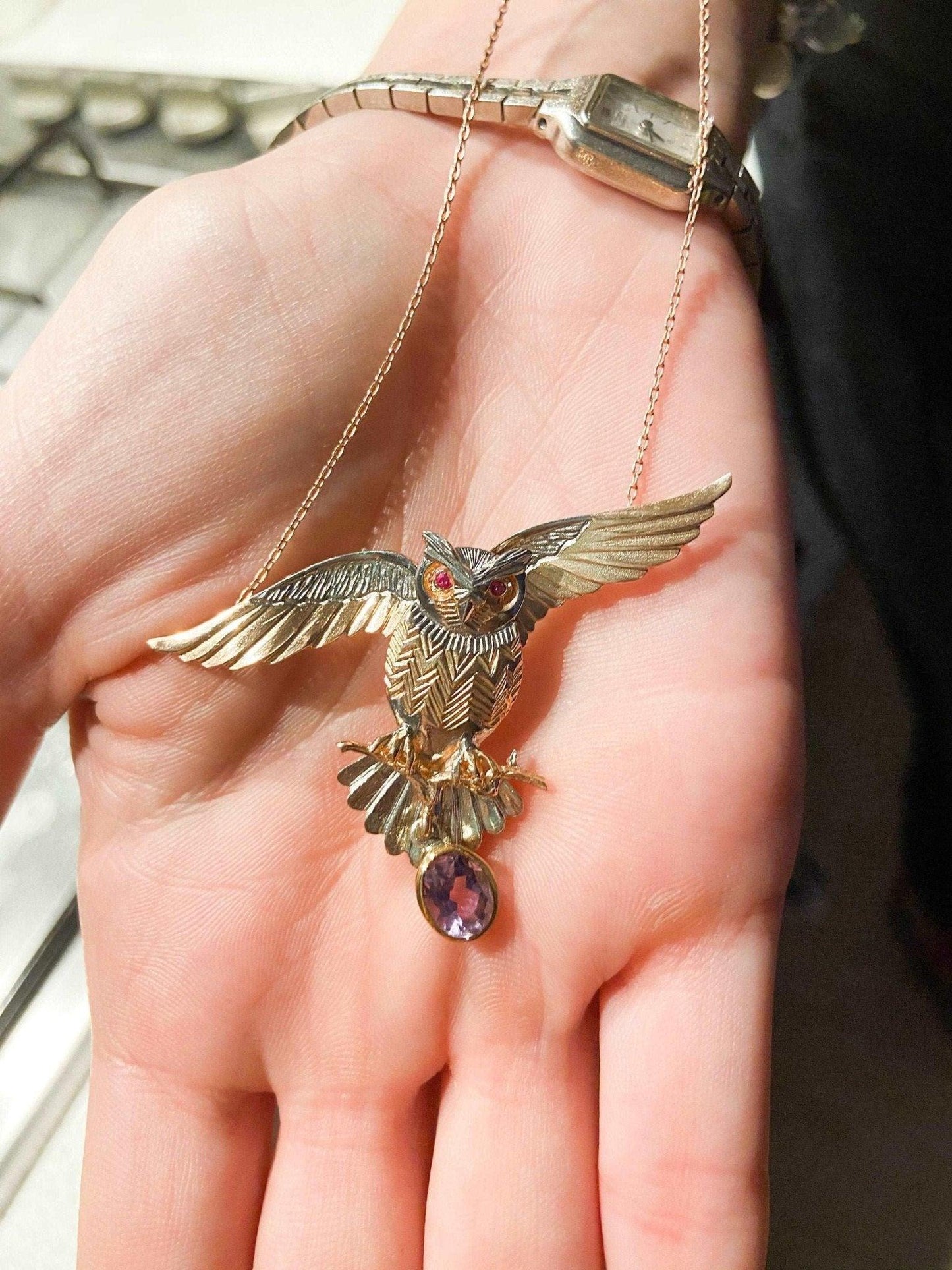 Owl Amethyst and Root Ruby Stone Pendant, Root Ruby Eye Handmade Owl 9Our Owl is ​​925 sterling silver and it is completely handcrafted. The eyes you see on it are decorated with root ruby.the bottom stone is the Amethyst Gemstone.It iOwl Amethyst and Root Ruby Stone Pendant