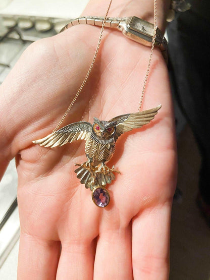 Owl Amethyst and Root Ruby Stone Pendant, Root Ruby Eye Handmade Owl 9Our Owl is ​​925 sterling silver and it is completely handcrafted. The eyes you see on it are decorated with root ruby.the bottom stone is the Amethyst Gemstone.It iOwl Amethyst and Root Ruby Stone Pendant