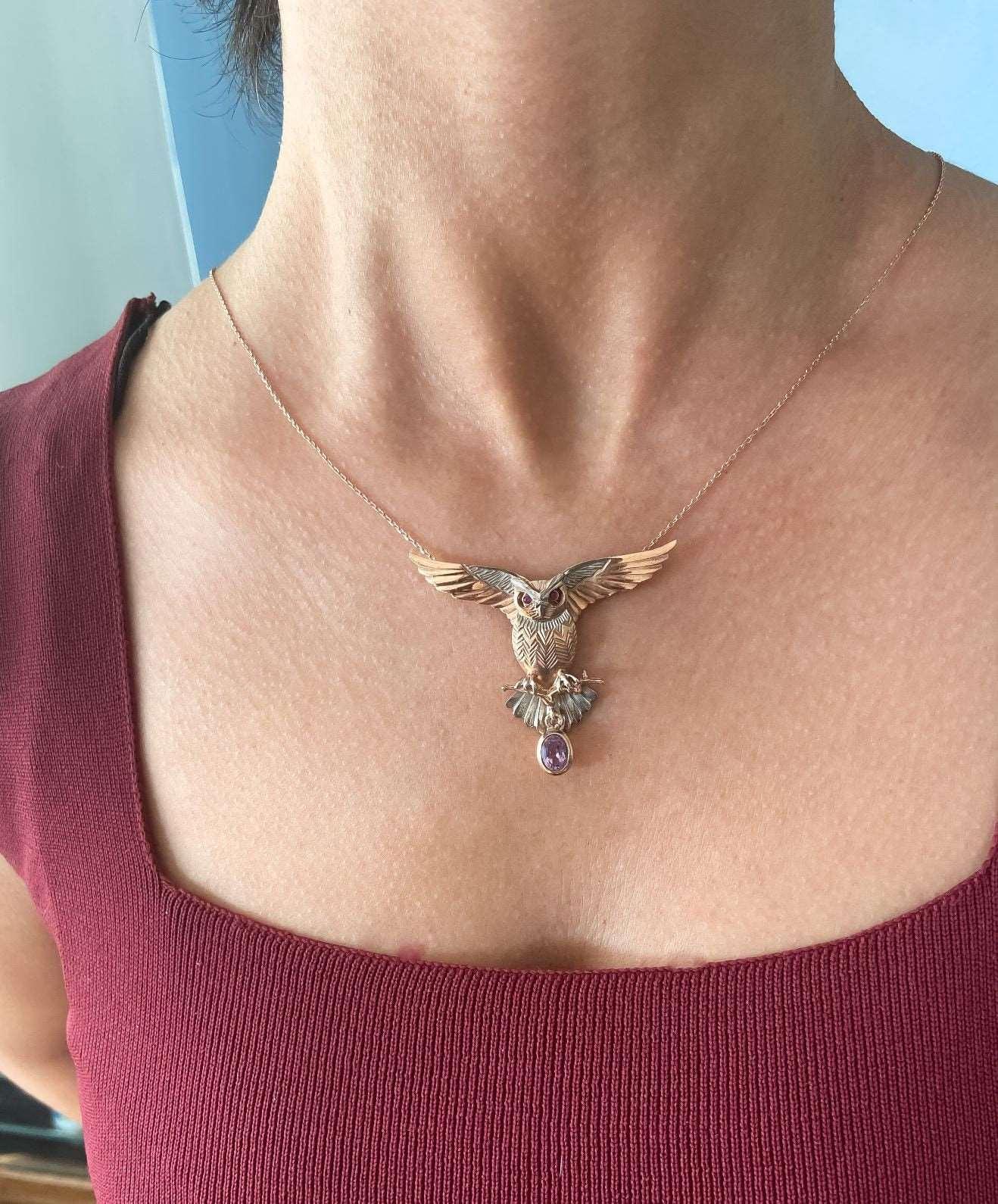Owl Amethyst and Root Ruby Stone Pendant, Root Ruby Eye Handmade Owl 9Our Owl is ​​925 sterling silver and it is completely handcrafted. The eyes you see on it are decorated with root ruby.the bottom stone is the Amethyst Gemstone.It iOwl Amethyst and Root Ruby Stone Pendant