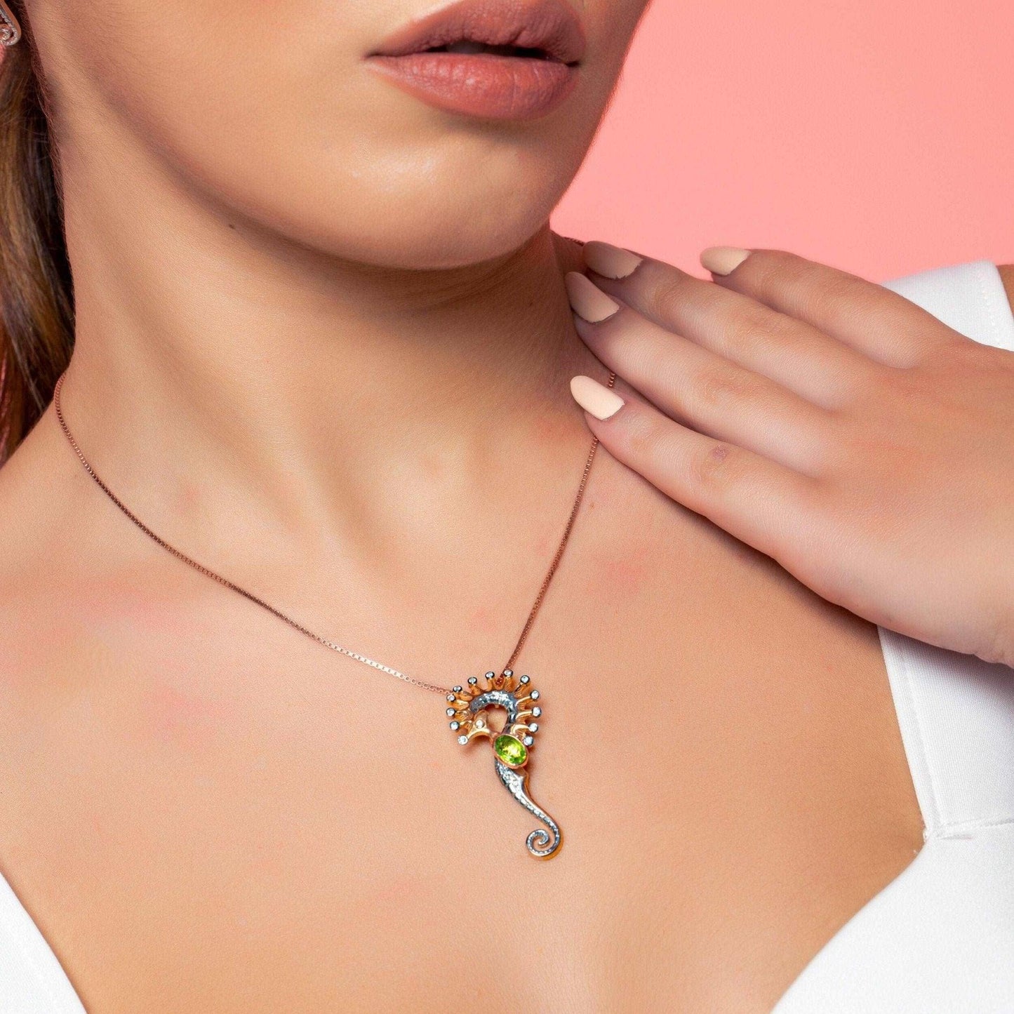 Peridot Stone SEAHORSE Silver Necklace, 925 Silver Animal Horse PeridoOurPeridot Horse Necklace designed with 925 completely handcraft workmanship. We have produced our peridot horse pendant, which is the indicator of elegance and elegPeridot Stone SEAHORSE Silver Necklace