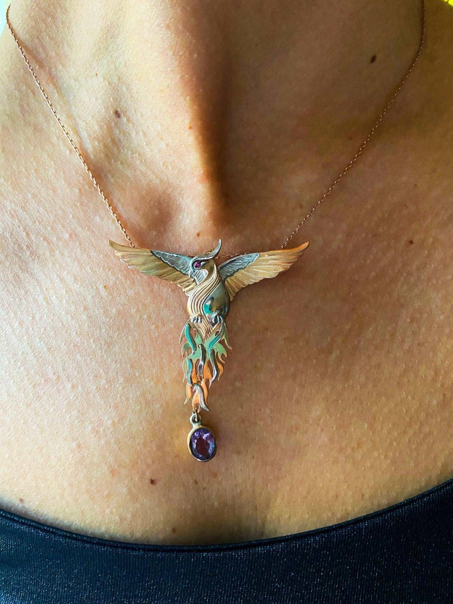Phoenix Strength Amethyst Stone Firebird 925 Sterling Silver Pendant, Amethyst Gemstone Our phoenix is ​​925 sterling silver and it is completely handcrafted. The eyes you see on it are decorated with red ruby. It is specially designedNecklacePhoenix Strength Amethyst