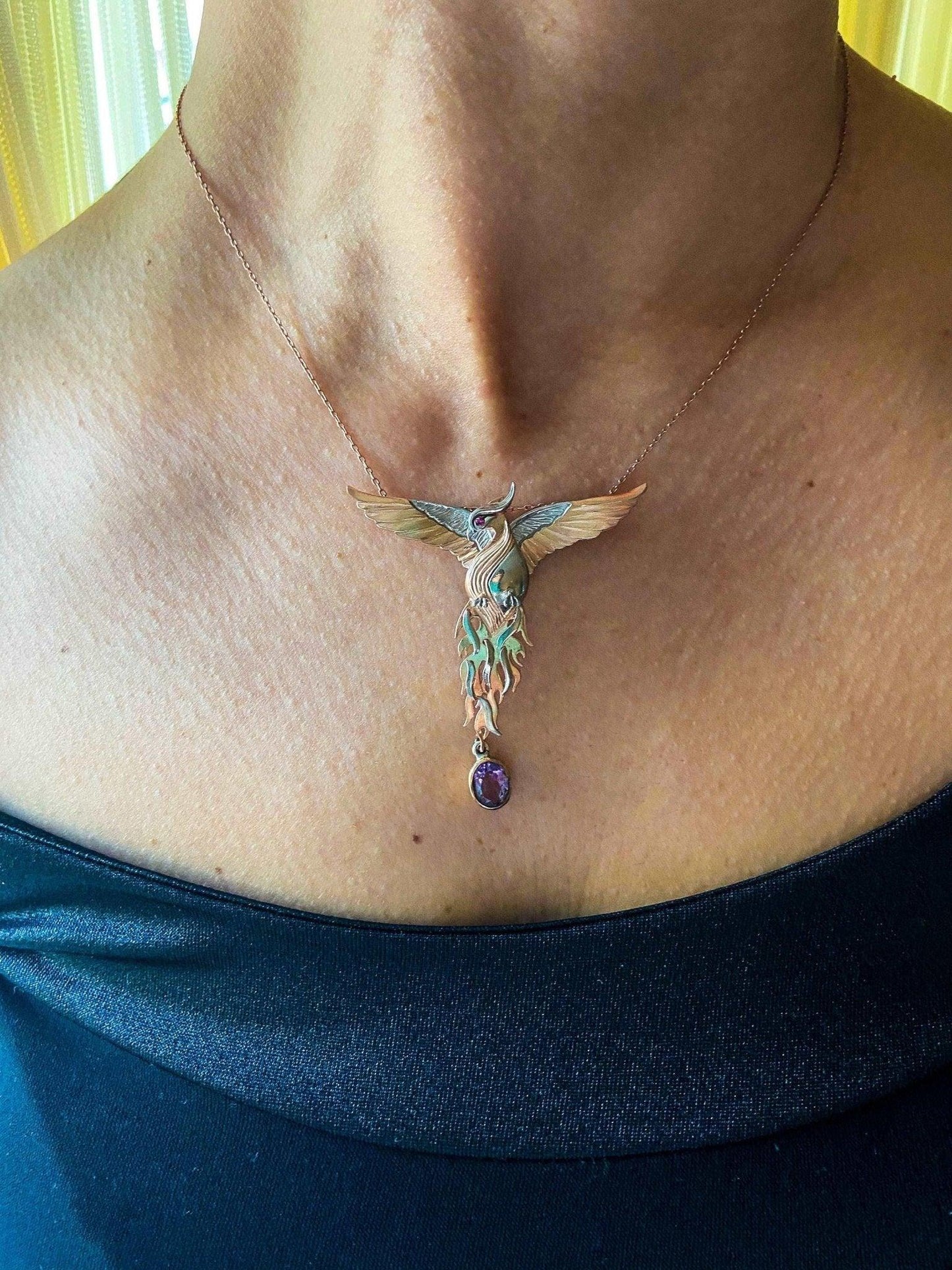Phoenix Strength Amethyst Stone Firebird 925 Sterling Silver Pendant, Amethyst Gemstone Our phoenix is ​​925 sterling silver and it is completely handcrafted. The eyes you see on it are decorated with red ruby. It is specially designedNecklacePhoenix Strength Amethyst