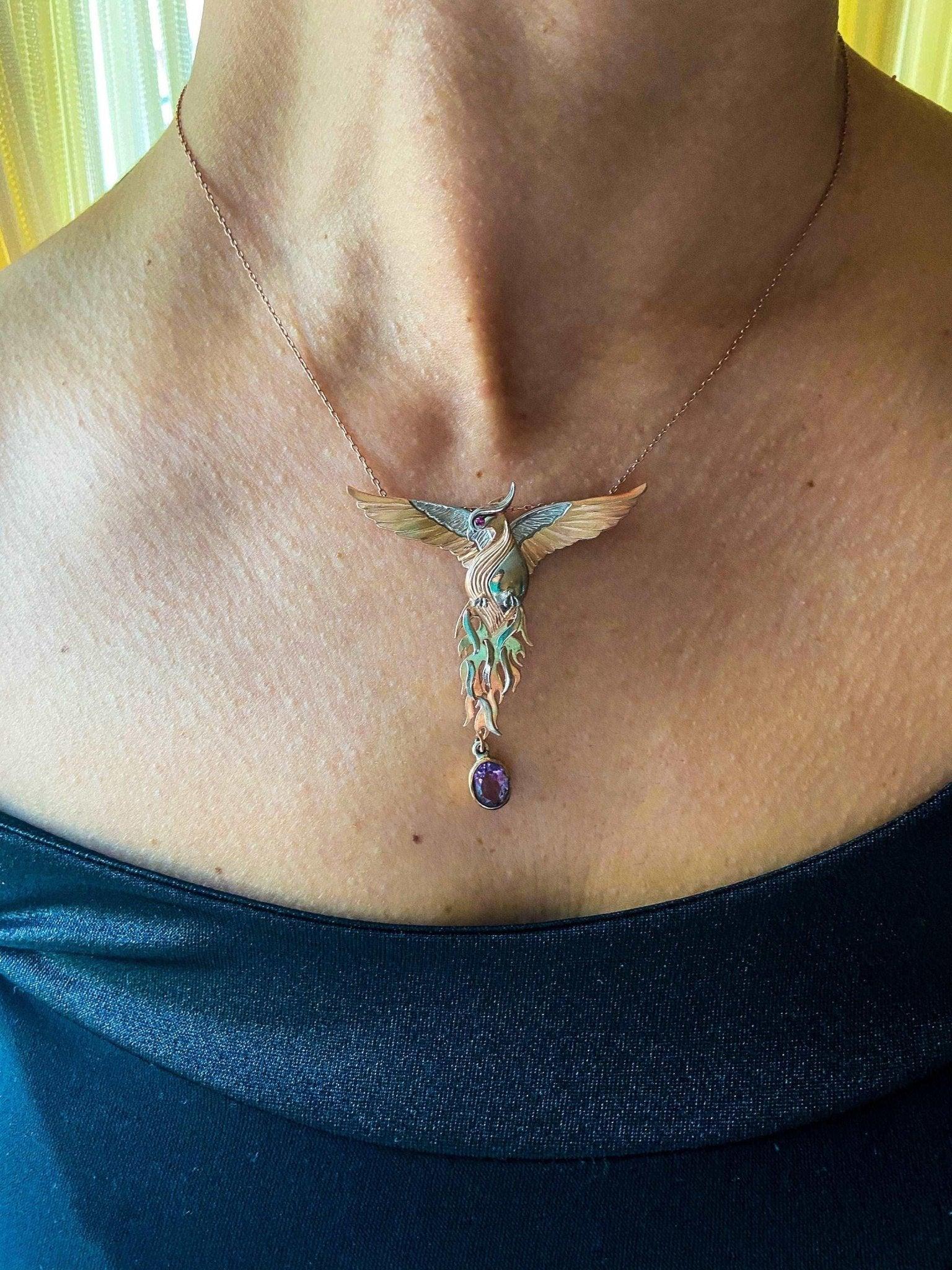 Phoenix Strength Amethyst Stone Firebird 925 Sterling Silver Pendant, Amethyst Gemstone Our phoenix is ​​925 sterling silver and it is completely handcrafted. The eyes you see on it are decorated with red ruby. It is specially designedNecklacePhoenix Strength Amethyst