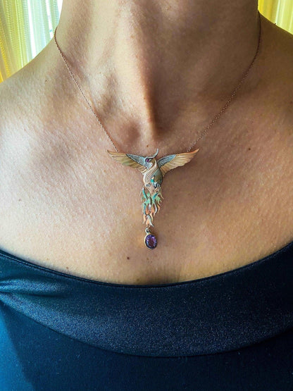 Phoenix Strength Amethyst Stone Firebird 925 Sterling Silver Pendant, Amethyst Gemstone Our phoenix is ​​925 sterling silver and it is completely handcrafted. The eyes you see on it are decorated with red ruby. It is specially designedNecklacePhoenix Strength Amethyst