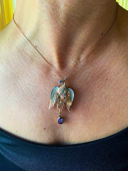 Phoenix Strength Amethyst Stone Firebird 925 Sterling Silver Pendant, Amethyst Gemstone Our phoenix is ​​925 sterling silver and it is completely handcrafted. The eyes you see on it are decorated with red ruby. It is specially designedNecklacePhoenix Strength Amethyst