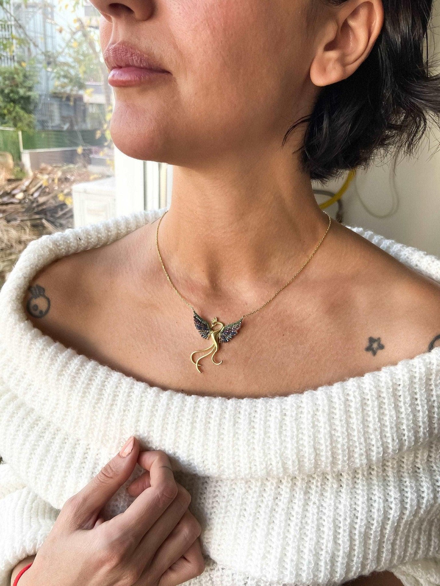Rainbow Phoenix Gold Planet Necklace 925 Sterling Silver, Custom DesinWe designed our 925 sterling silver firebird necklace for you. It is completely handcrafted and made of sterling silver. It is decorated with gold planet and coloredNecklaceRainbow Phoenix Gold Planet Necklace