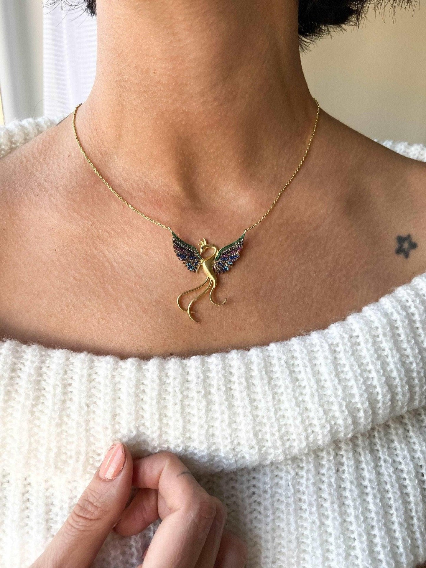 Rainbow Phoenix Gold Planet Necklace 925 Sterling Silver, Custom DesinWe designed our 925 sterling silver firebird necklace for you. It is completely handcrafted and made of sterling silver. It is decorated with gold planet and coloredNecklaceRainbow Phoenix Gold Planet Necklace