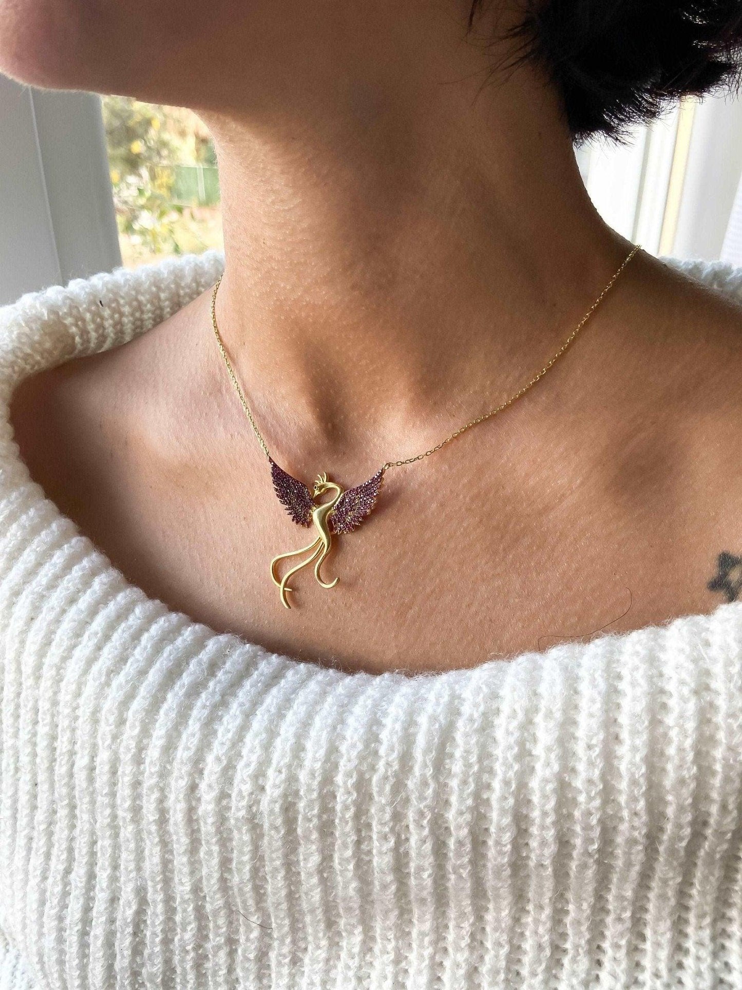 Red Phoenix Gold Planet Handmade Necklace, Gold Firebird 925 Sterling We designed our 925 carat fire bird necklace for you. It is completely handcrafted and made of sterling silver. It is decorated with Gold Planet and Red colored zircNecklaceRed Phoenix Necklace