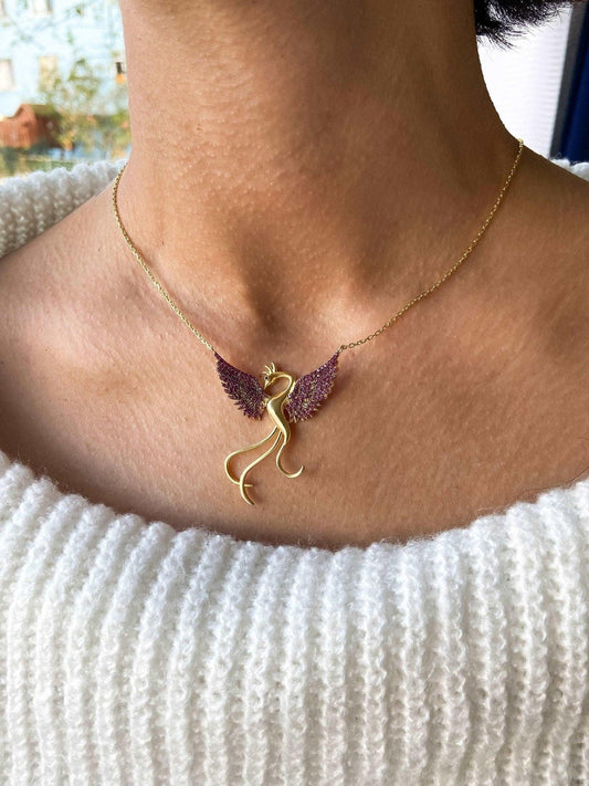 Red Phoenix Gold Planet Handmade Necklace, Gold Firebird 925 Sterling We designed our 925 carat fire bird necklace for you. It is completely handcrafted and made of sterling silver. It is decorated with Gold Planet and Red colored zircNecklaceRed Phoenix Necklace