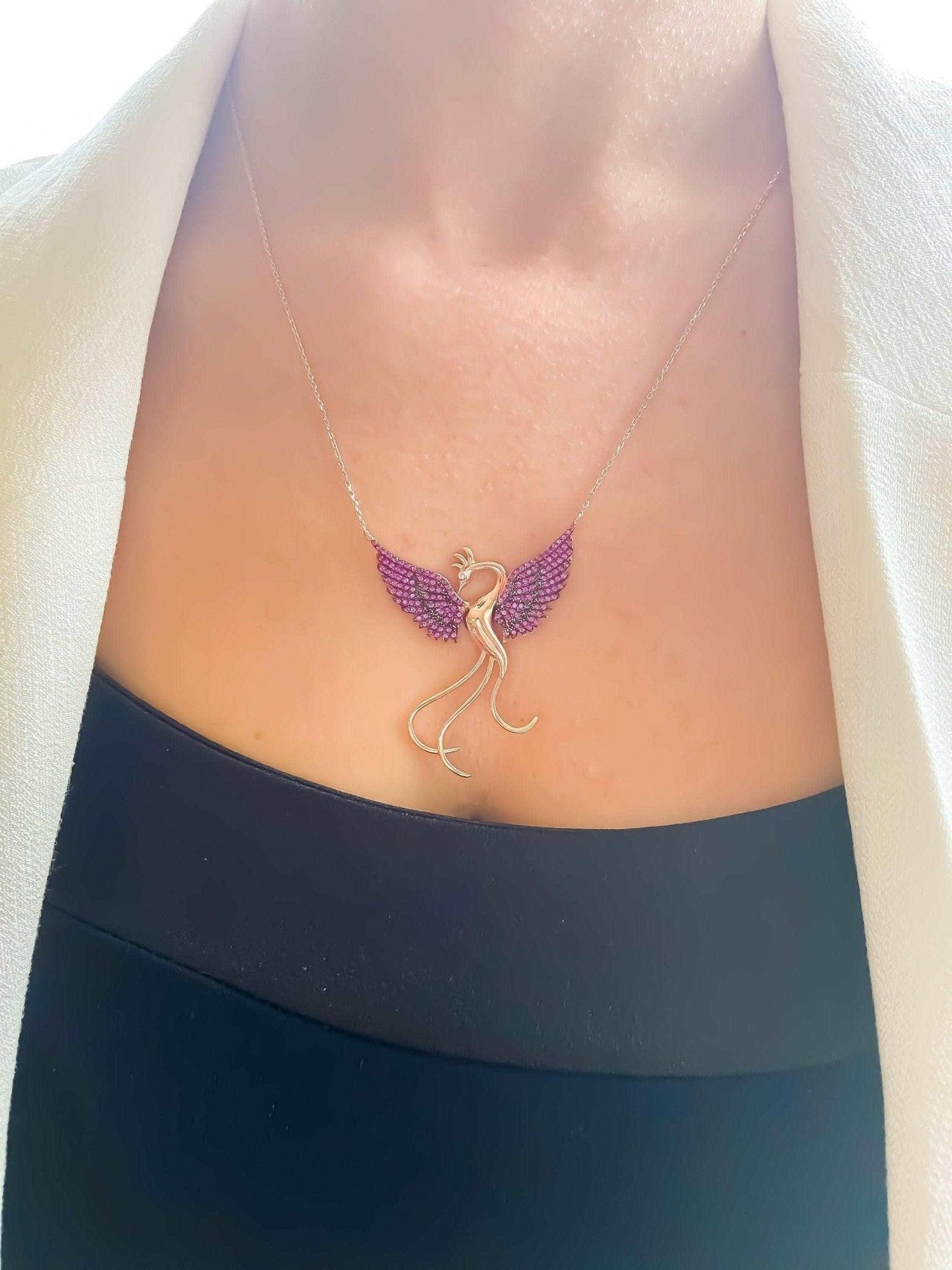 Red Phoenix Handmade Necklace, Bird Jewelry Rose Gold Firebird PendantWe designed our 925 carat fire bird necklace for you. It is completely handcrafted and made of sterling silver. It is decorated with rose gold and Purple colored zirRed Phoenix Handmade Necklace
