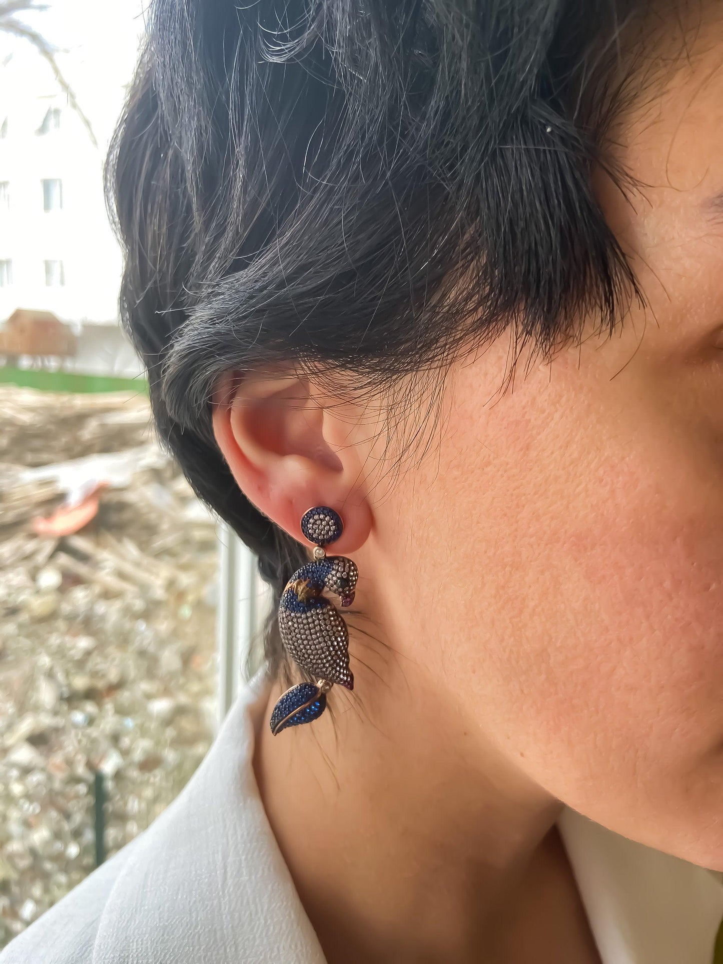 Silver Parrot Stud Earrings, Desing Parrot Colored Handmade Earrings, Custom Desing Colored Parrot is 925 sterling silver Earrings and it is completely handcrafted.Stone is zircon gemstone.The stones on it are first quality zircon.cuttSilver Parrot Stud Earrings