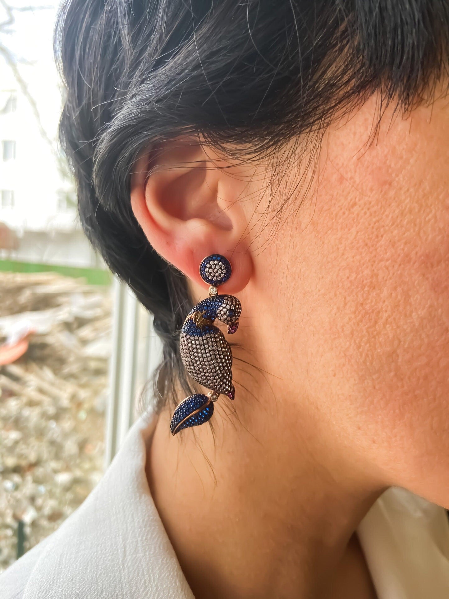 Silver Parrot Stud Earrings, Desing Parrot Colored Handmade Earrings, Custom Desing Colored Parrot is 925 sterling silver Earrings and it is completely handcrafted.Stone is zircon gemstone.The stones on it are first quality zircon.cuttSilver Parrot Stud Earrings