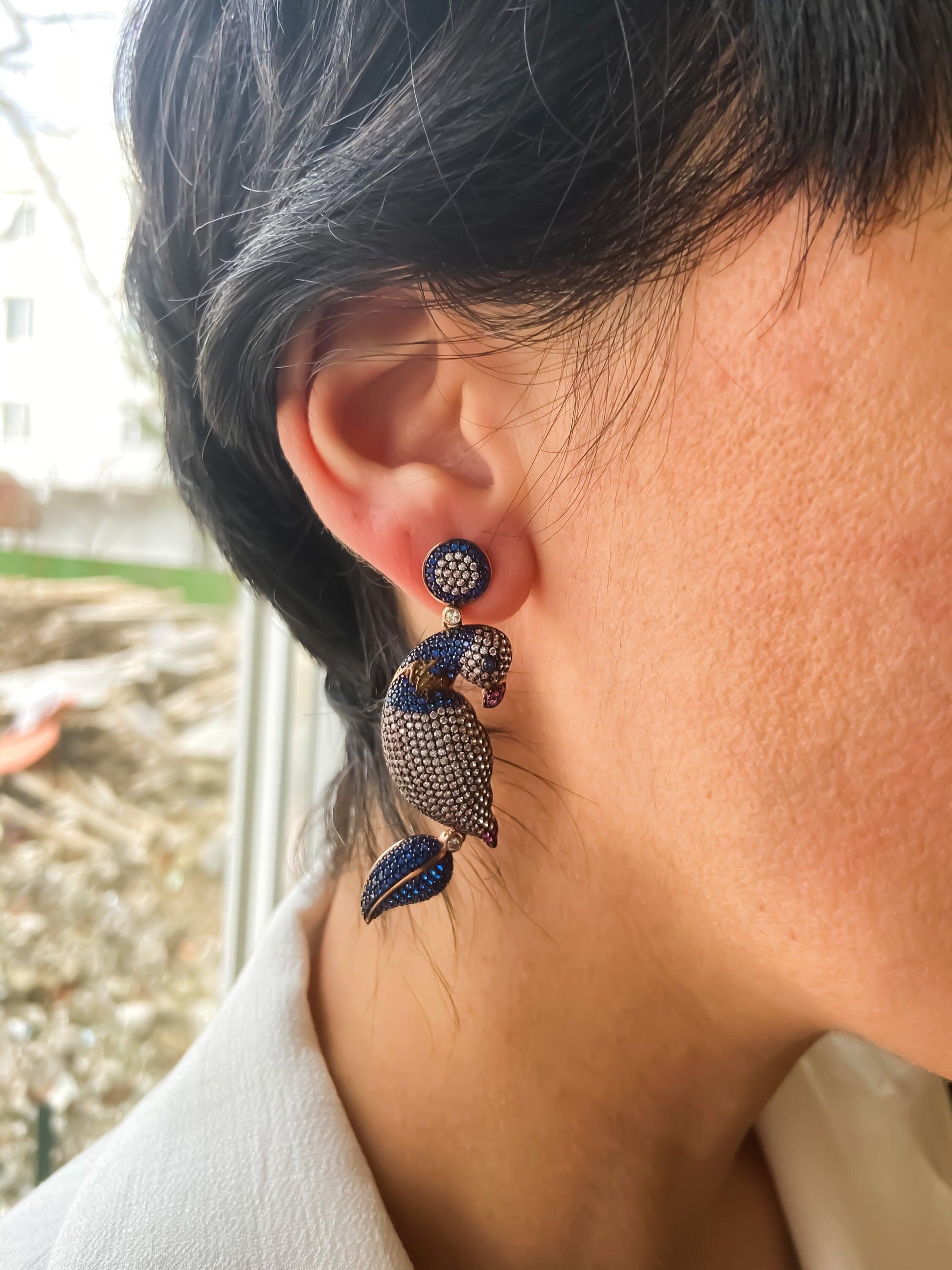 Silver Parrot Stud Earrings, Desing Parrot Colored Handmade Earrings, Custom Desing Colored Parrot is 925 sterling silver Earrings and it is completely handcrafted.Stone is zircon gemstone.The stones on it are first quality zircon.cuttSilver Parrot Stud Earrings