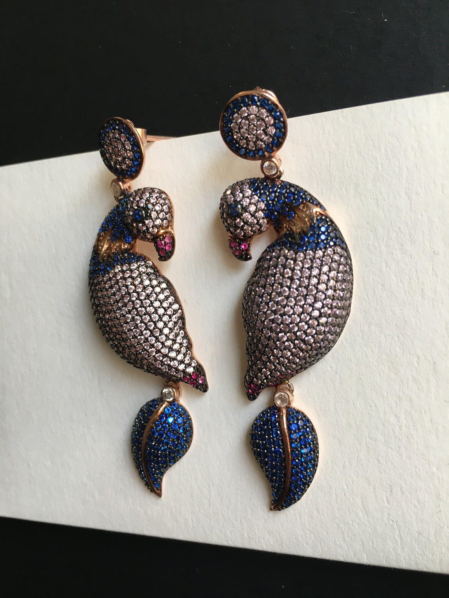 Silver Parrot Stud Earrings, Desing Parrot Colored Handmade Earrings, Custom Desing Colored Parrot is 925 sterling silver Earrings and it is completely handcrafted.Stone is zircon gemstone.The stones on it are first quality zircon.cuttSilver Parrot Stud Earrings