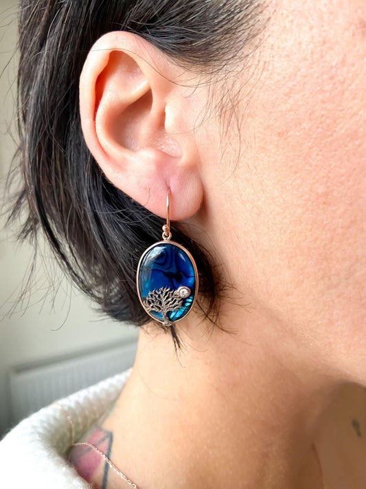 Tree Of Life Silver Stud Earrings, Blue Abalone Gemstone Earrings, SteAbalone Stone Tree of Life 925 sterling sterling silver, decorated with abalone shell stone and produced by our masters. Inspired by the Tree of Life theme, we combiTree Of Life Silver Stud Earrings