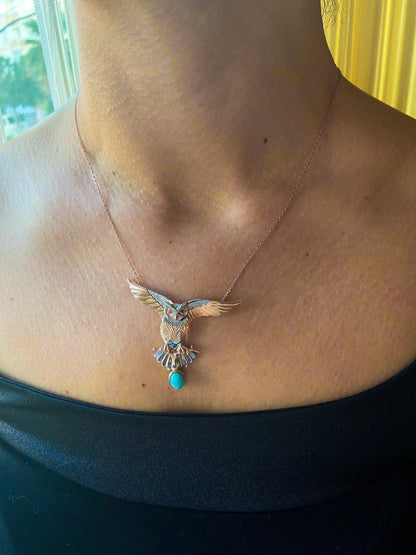 Turquoise Stone Owl Handmade Pendant, 925 Custom Desing Gemstone Owl, Turquoise Gemstone Our Owl is ​​925 sterling silver and it is completely handcrafted. The eyes you see on it are decorated with root ruby.the bottom stone is the turTurquoise Stone Owl