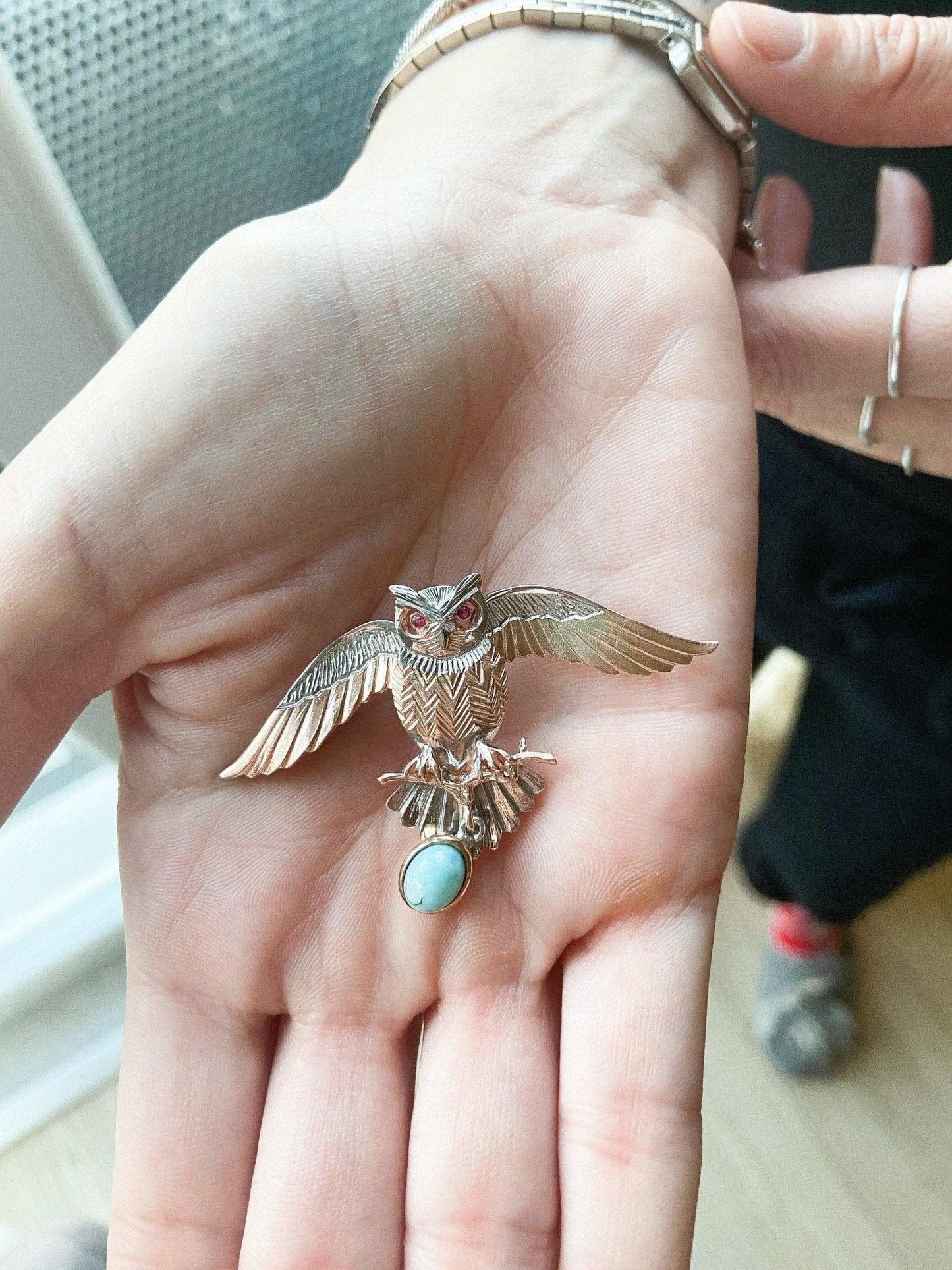 Turquoise Stone Owl Handmade Pendant, 925 Custom Desing Gemstone Owl, Turquoise Gemstone Our Owl is ​​925 sterling silver and it is completely handcrafted. The eyes you see on it are decorated with root ruby.the bottom stone is the turTurquoise Stone Owl