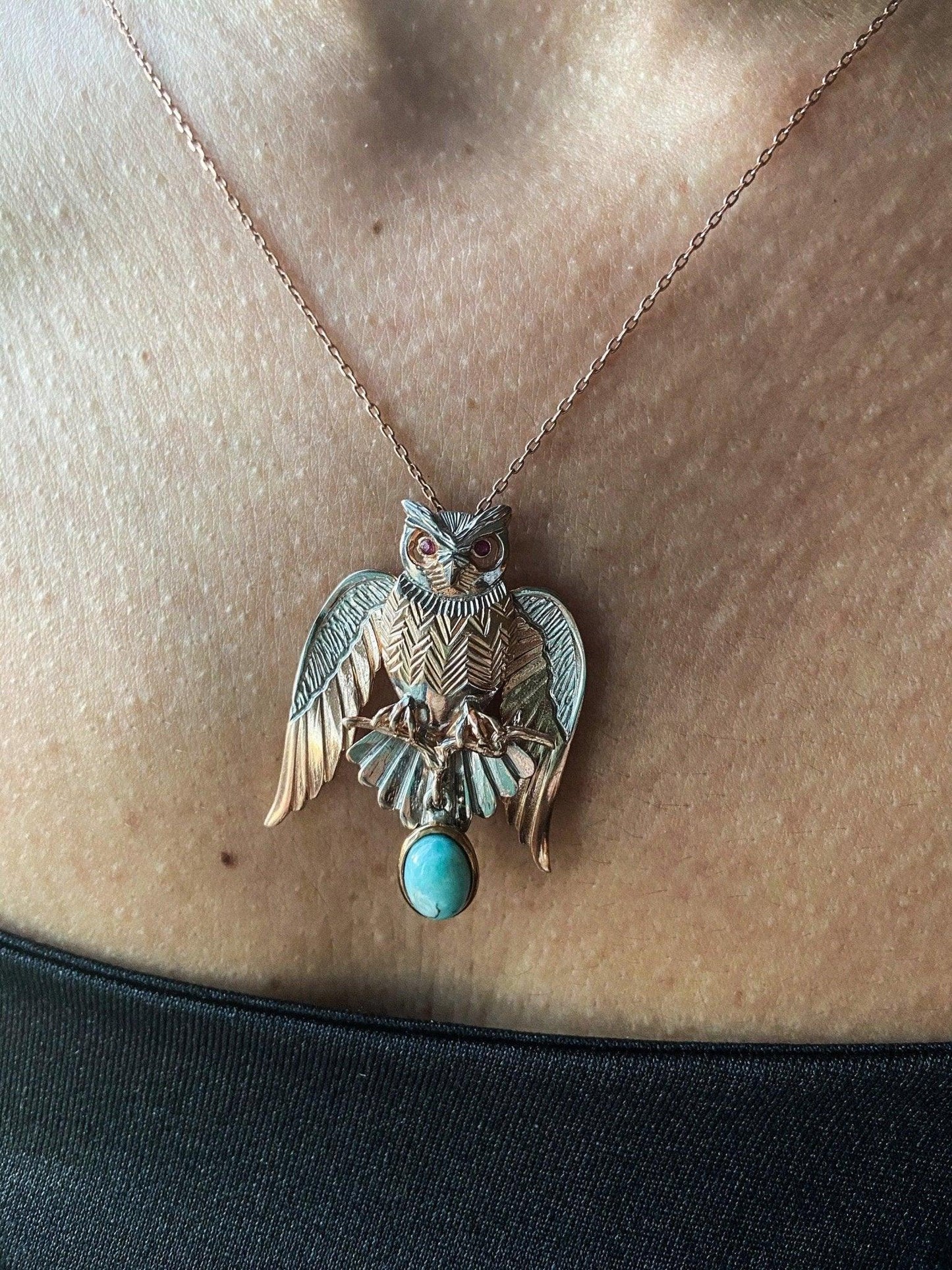 Turquoise Stone Owl Handmade Pendant, 925 Custom Desing Gemstone Owl, Turquoise Gemstone Our Owl is ​​925 sterling silver and it is completely handcrafted. The eyes you see on it are decorated with root ruby.the bottom stone is the turTurquoise Stone Owl