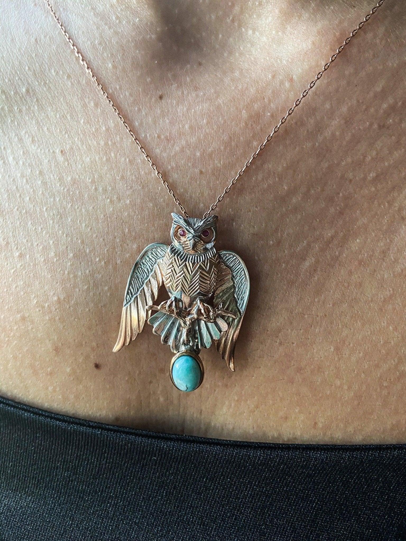 Turquoise Stone Owl Handmade Pendant, 925 Custom Desing Gemstone Owl, Turquoise Gemstone Our Owl is ​​925 sterling silver and it is completely handcrafted. The eyes you see on it are decorated with root ruby.the bottom stone is the turTurquoise Stone Owl