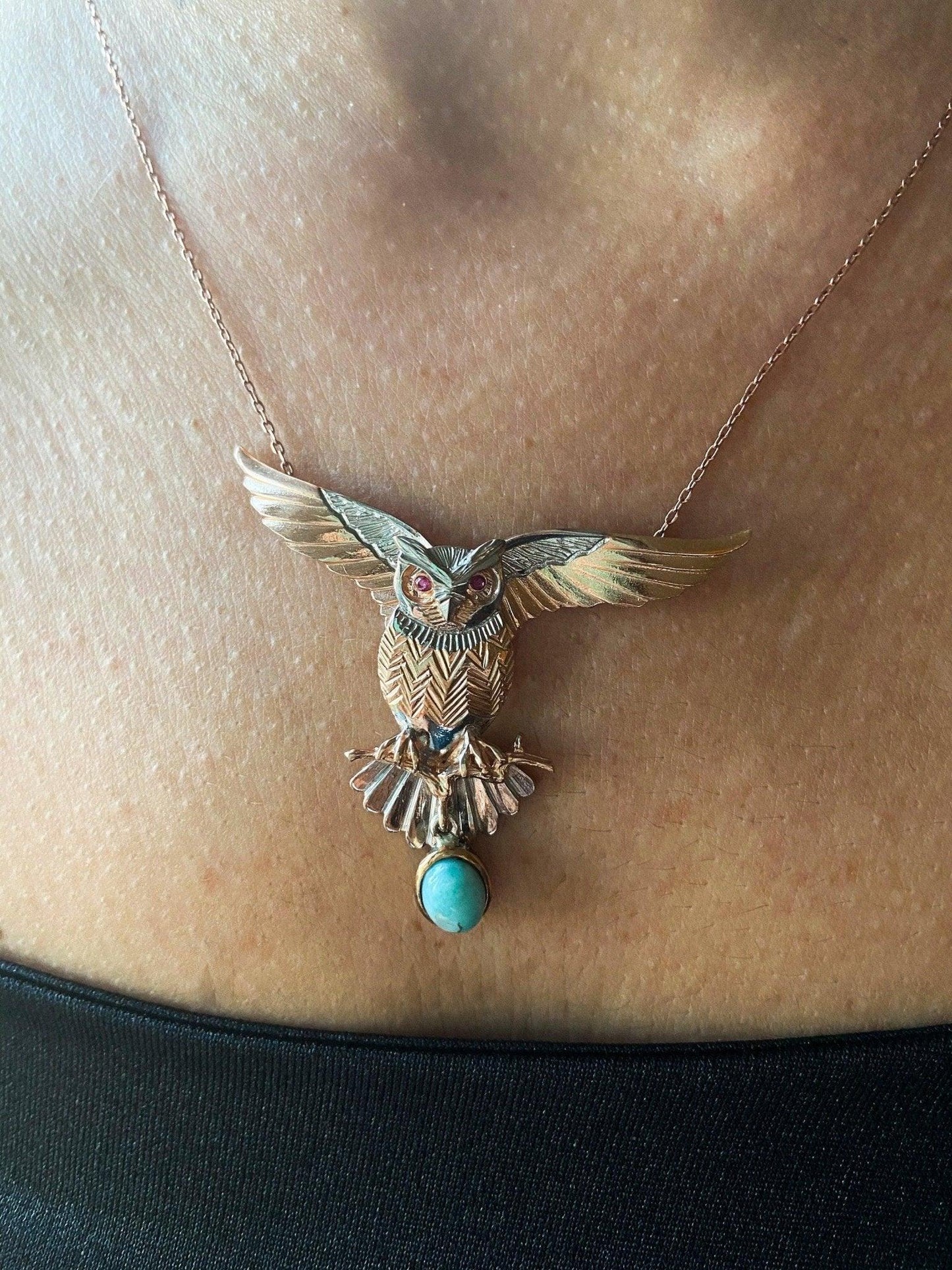 Turquoise Stone Owl Handmade Pendant, 925 Custom Desing Gemstone Owl, Turquoise Gemstone Our Owl is ​​925 sterling silver and it is completely handcrafted. The eyes you see on it are decorated with root ruby.the bottom stone is the turTurquoise Stone Owl