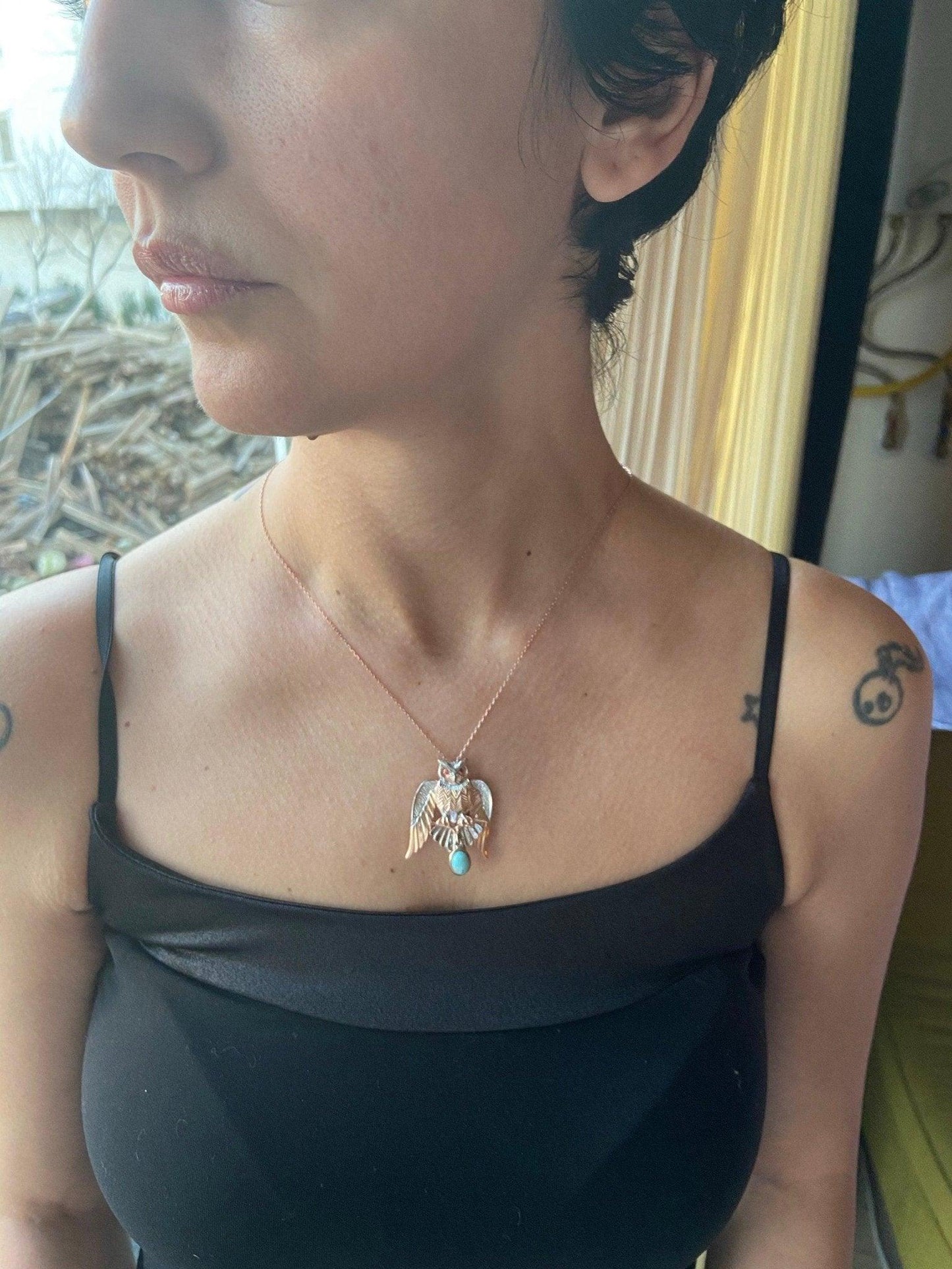 Turquoise Stone Owl Handmade Pendant, 925 Custom Desing Gemstone Owl, Turquoise Gemstone Our Owl is ​​925 sterling silver and it is completely handcrafted. The eyes you see on it are decorated with root ruby.the bottom stone is the turTurquoise Stone Owl